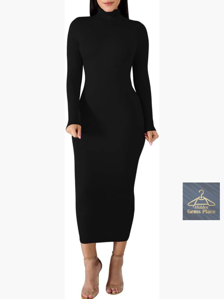 Long Sleeve Turtleneck Bodycon Midi Pencil Dress, Stretchy & Warm